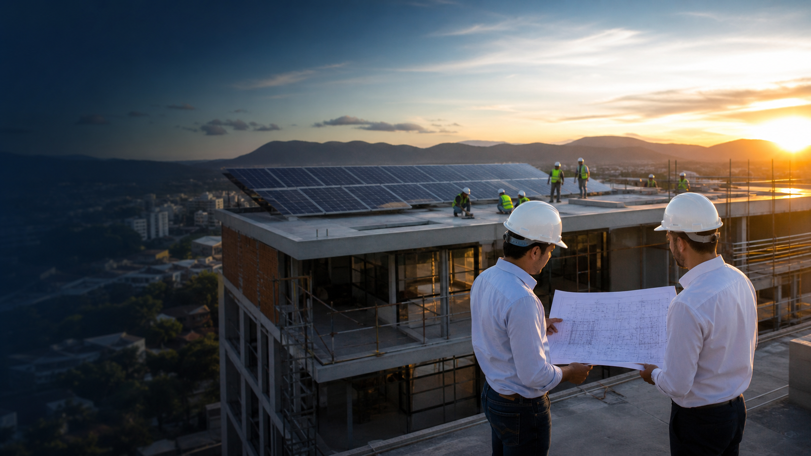 Engenheiros analisando projeto em obra com sistema de energia solar