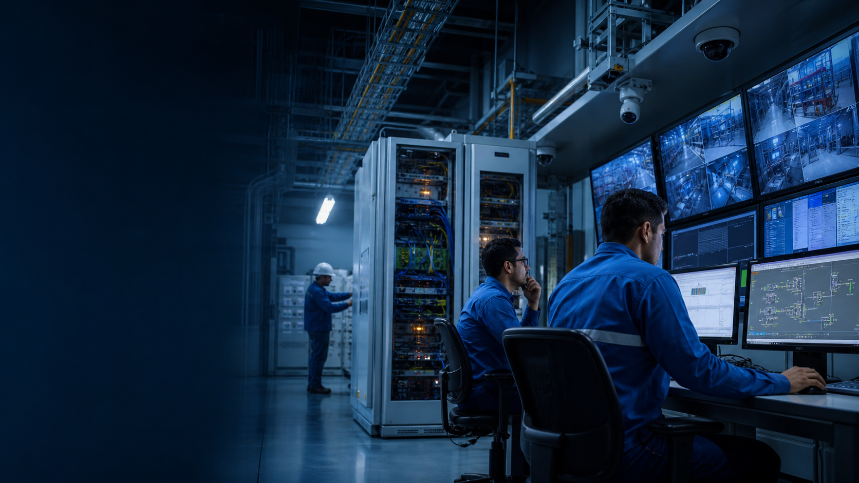 Equipe técnica em centro de controle de automação e segurança